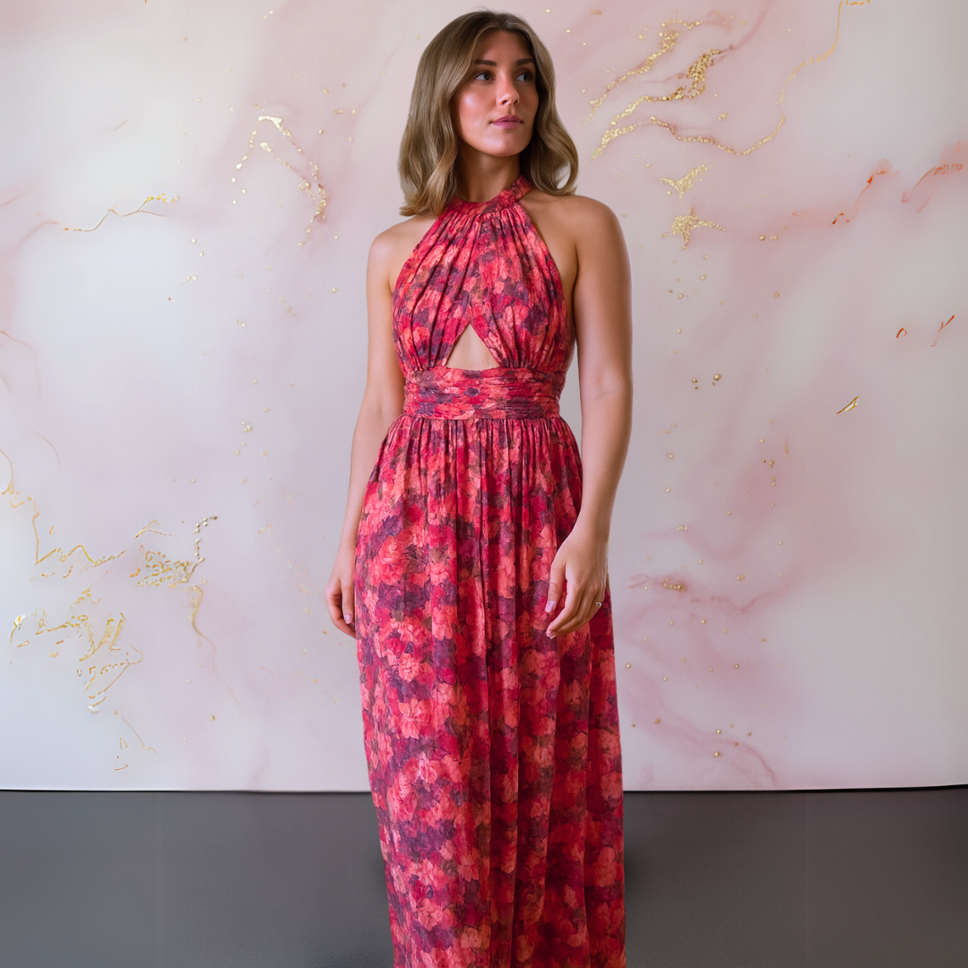 Averra™ | Elegant Red Floral Maxi Dress
