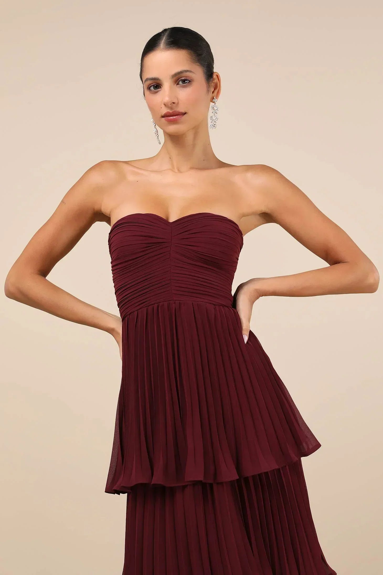 Averra™ | Burgundy Rich Strapless Tiered Dress